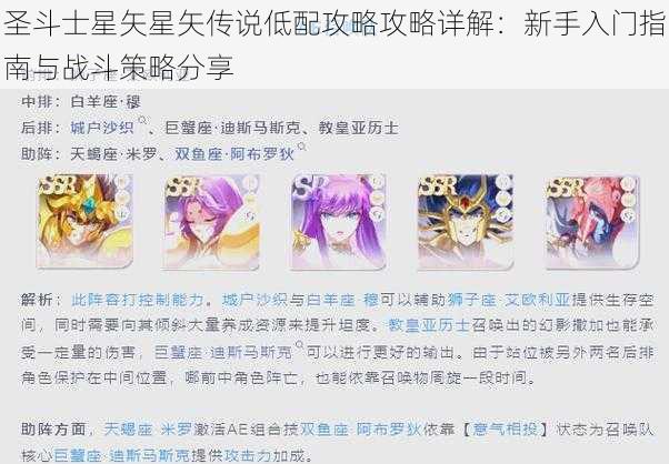 圣斗士星矢星矢传说低配攻略攻略详解：新手入门指南与战斗策略分享