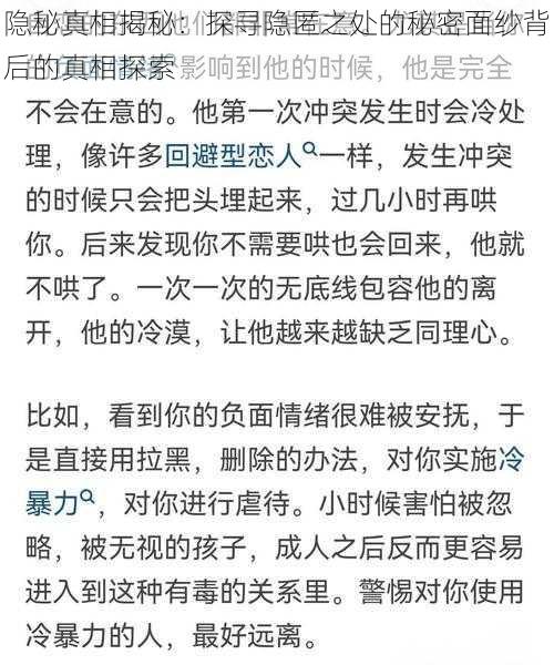 隐秘真相揭秘：探寻隐匿之处的秘密面纱背后的真相探索